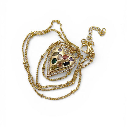 Multicolor CZ Heart Necklace in 18K Gold Filled Handmade Micro Pavé Love Pendant for Women – Selling Per Necklace
