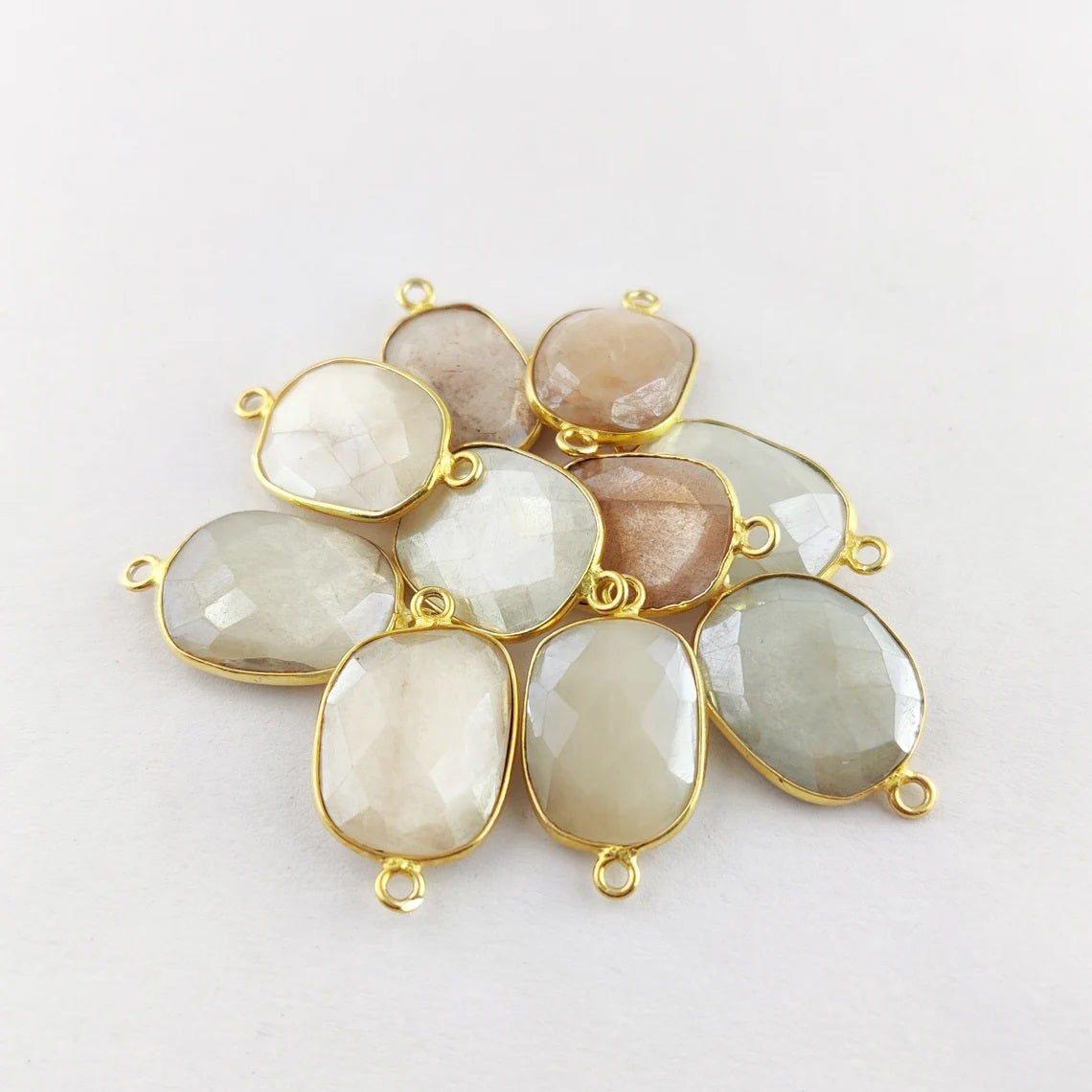 12–15mm Mystic Moonstone Free Form Connector Gold Bezel Gemstone Charm for Bracelets, Earrings & Necklaces- Selling Per Piece