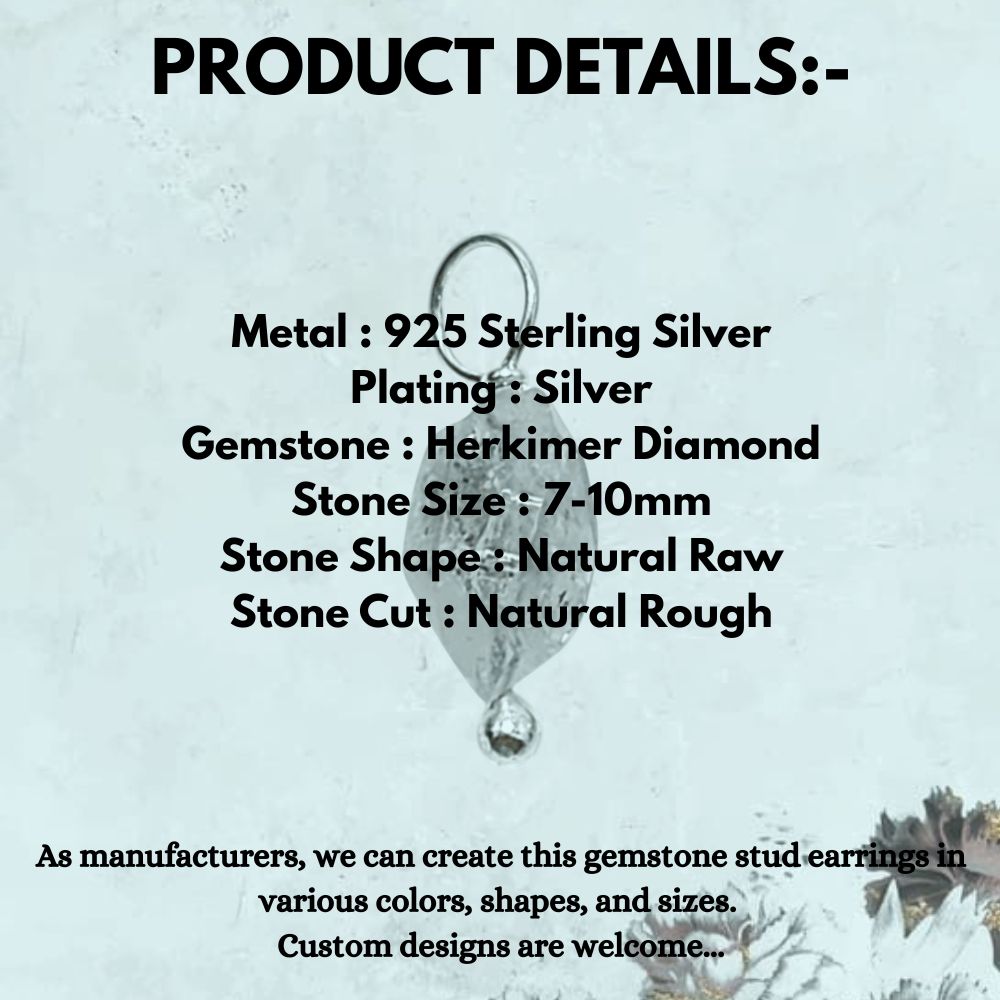 Natural 7-10mm Herkimer Diamond Pendant Raw Quartz Crystal Charm in 925 Sterling Silver for DIY Jewelry Making