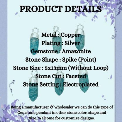 Elegant Amazonite Spike Pendant Silver Capped Natural Birthstone Charm for Boho Chic & Minimalist Jewelry – Selling Per Piece