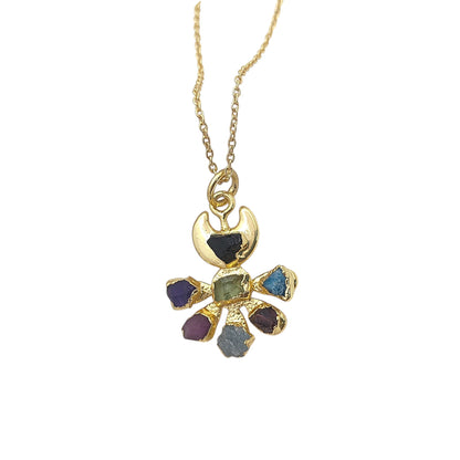 Floral Crescent Moon Necklace with Raw Multicolor Gemstones Handmade Birthstone Jewelry Gift for Her