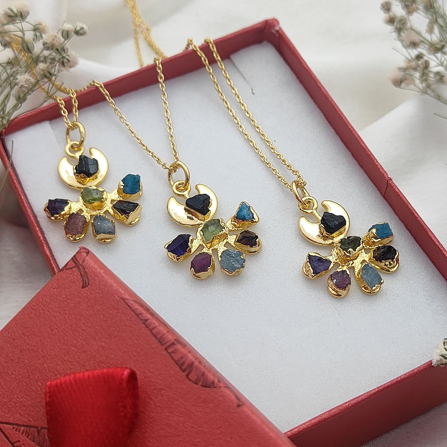 Floral Crescent Moon Necklace with Raw Multicolor Gemstones Handmade Birthstone Jewelry Gift for Her