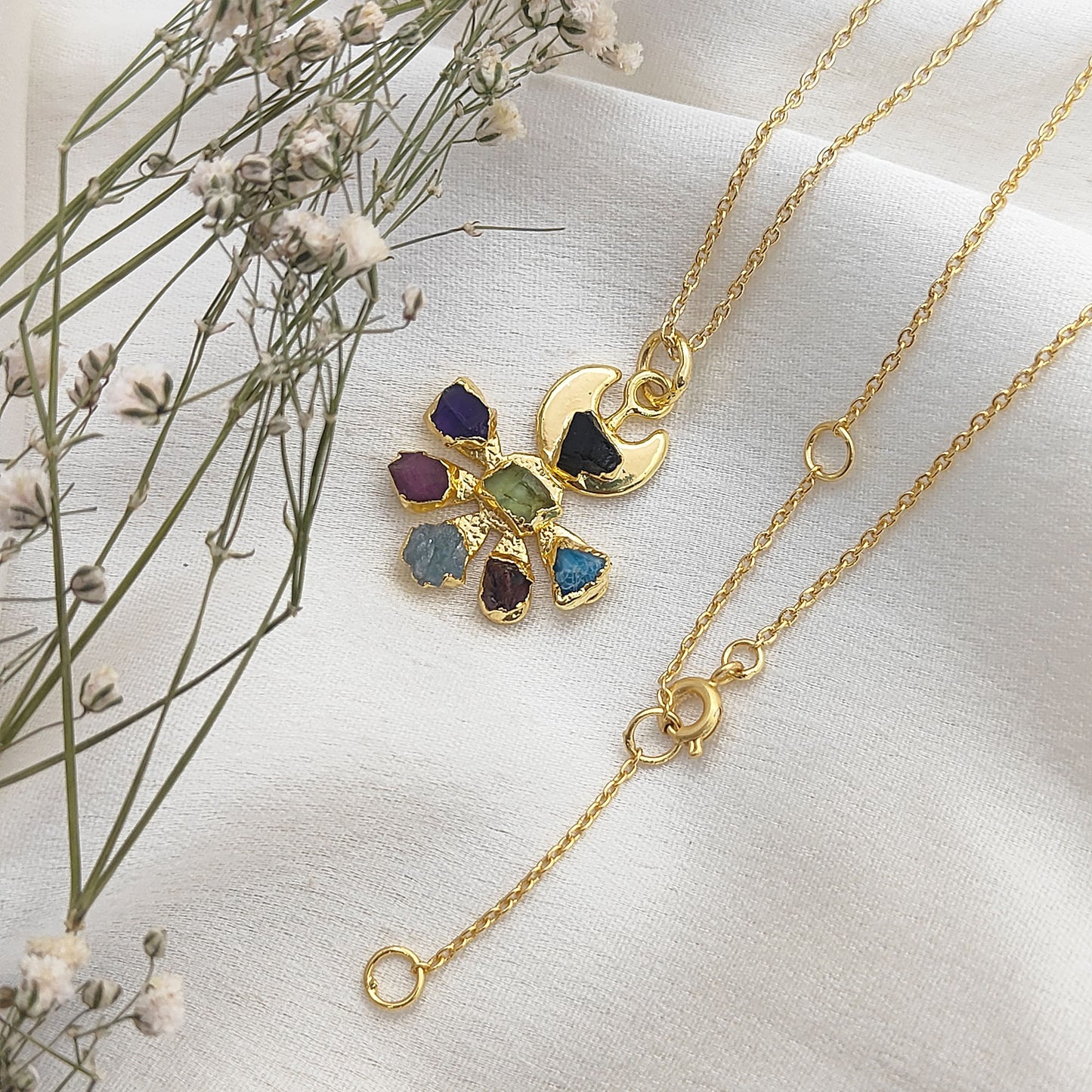Floral Crescent Moon Necklace with Raw Multicolor Gemstones Handmade Birthstone Jewelry Gift for Her