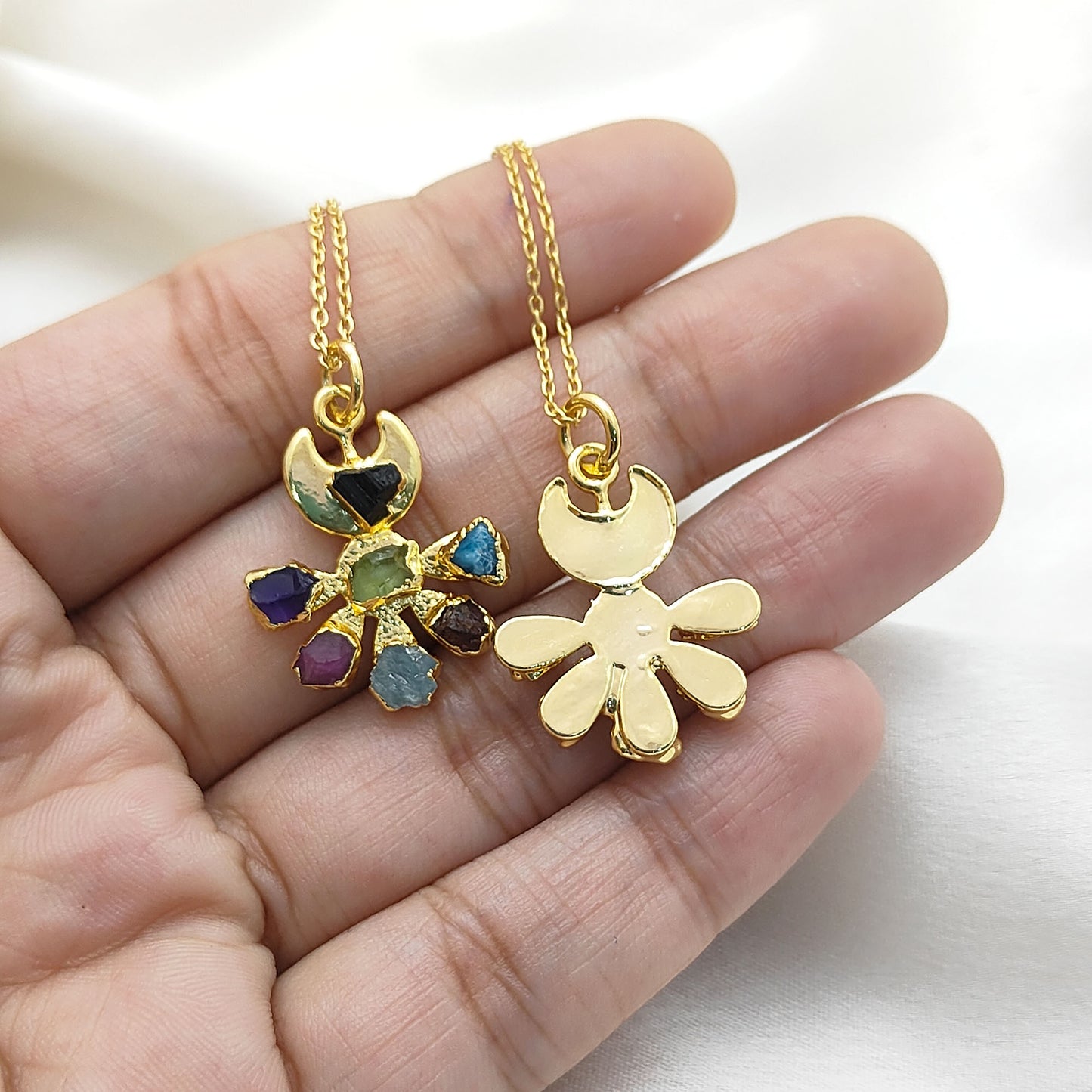 Floral Crescent Moon Necklace with Raw Multicolor Gemstones Handmade Birthstone Jewelry Gift for Her