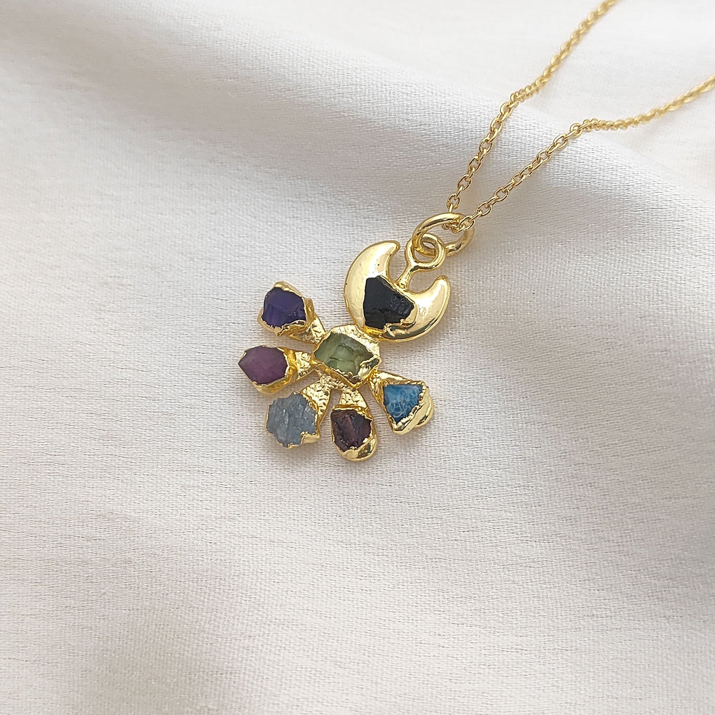 Floral Crescent Moon Necklace with Raw Multicolor Gemstones Handmade Birthstone Jewelry Gift for Her