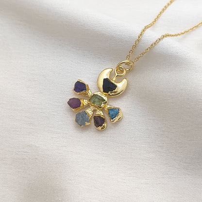 Floral Crescent Moon Necklace with Raw Multicolor Gemstones Handmade Birthstone Jewelry Gift for Her