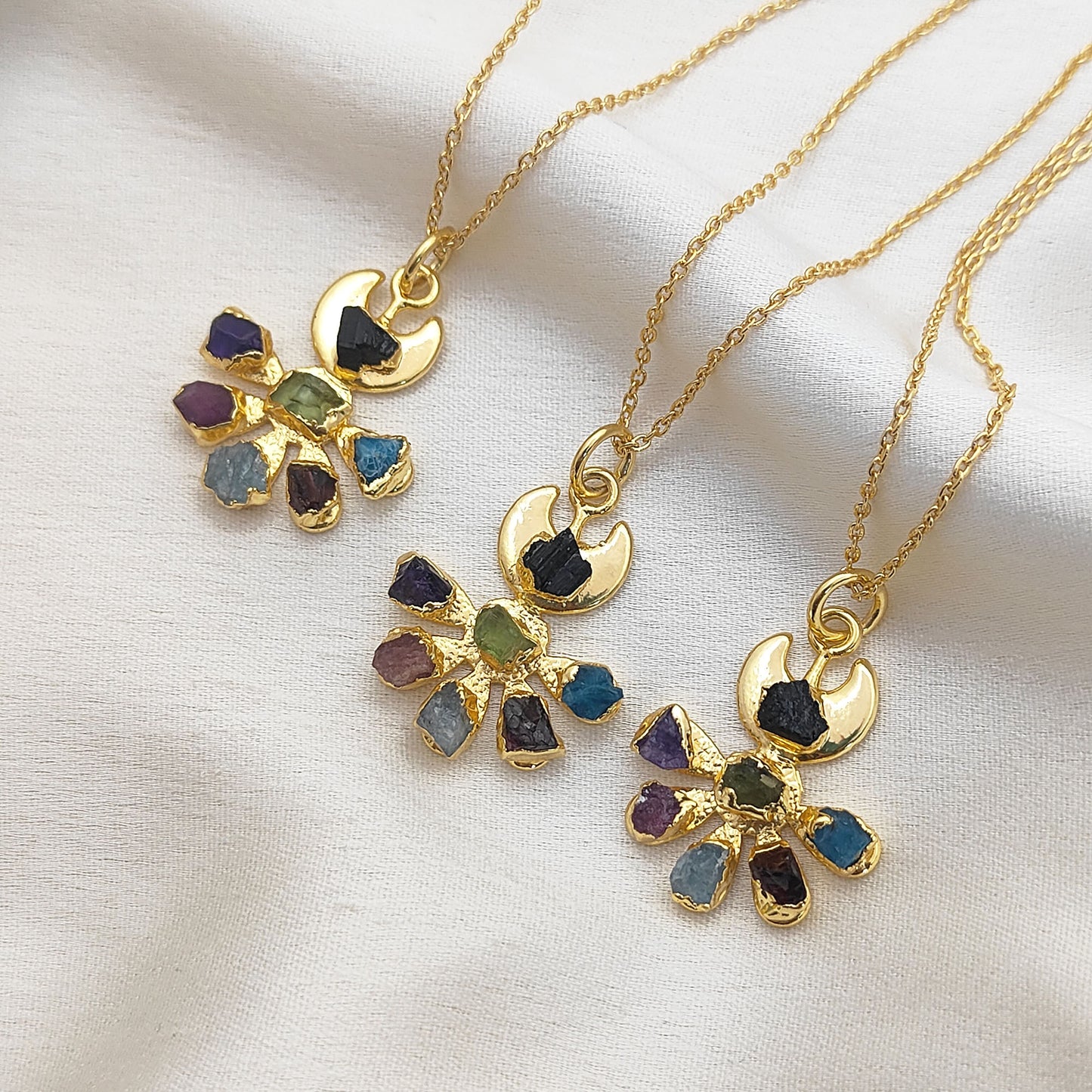 Floral Crescent Moon Necklace with Raw Multicolor Gemstones Handmade Birthstone Jewelry Gift for Her