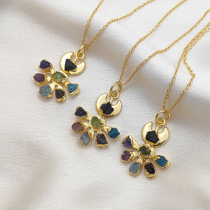 Floral Crescent Moon Necklace with Raw Multicolor Gemstones Handmade Birthstone Jewelry Gift for Her