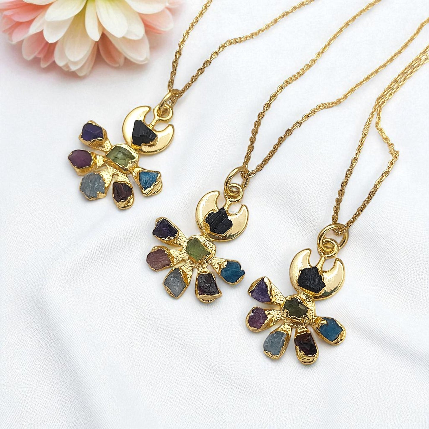 Floral Crescent Moon Necklace with Raw Multicolor Gemstones Handmade Birthstone Jewelry Gift for Her