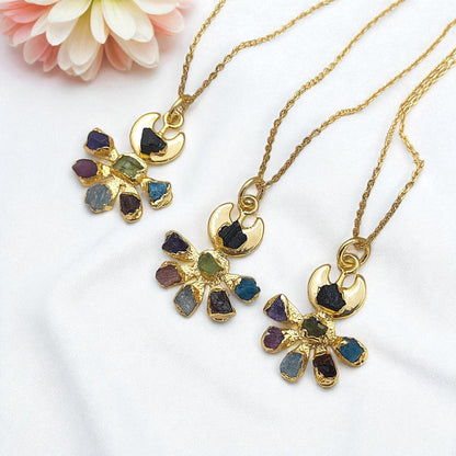 Floral Crescent Moon Necklace with Raw Multicolor Gemstones Handmade Birthstone Jewelry Gift for Her