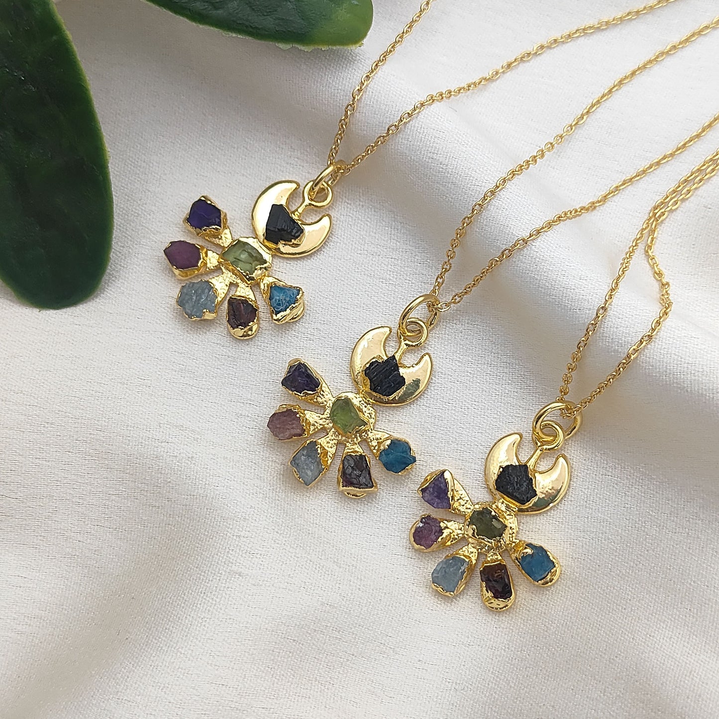 Floral Crescent Moon Necklace with Raw Multicolor Gemstones Handmade Birthstone Jewelry Gift for Her