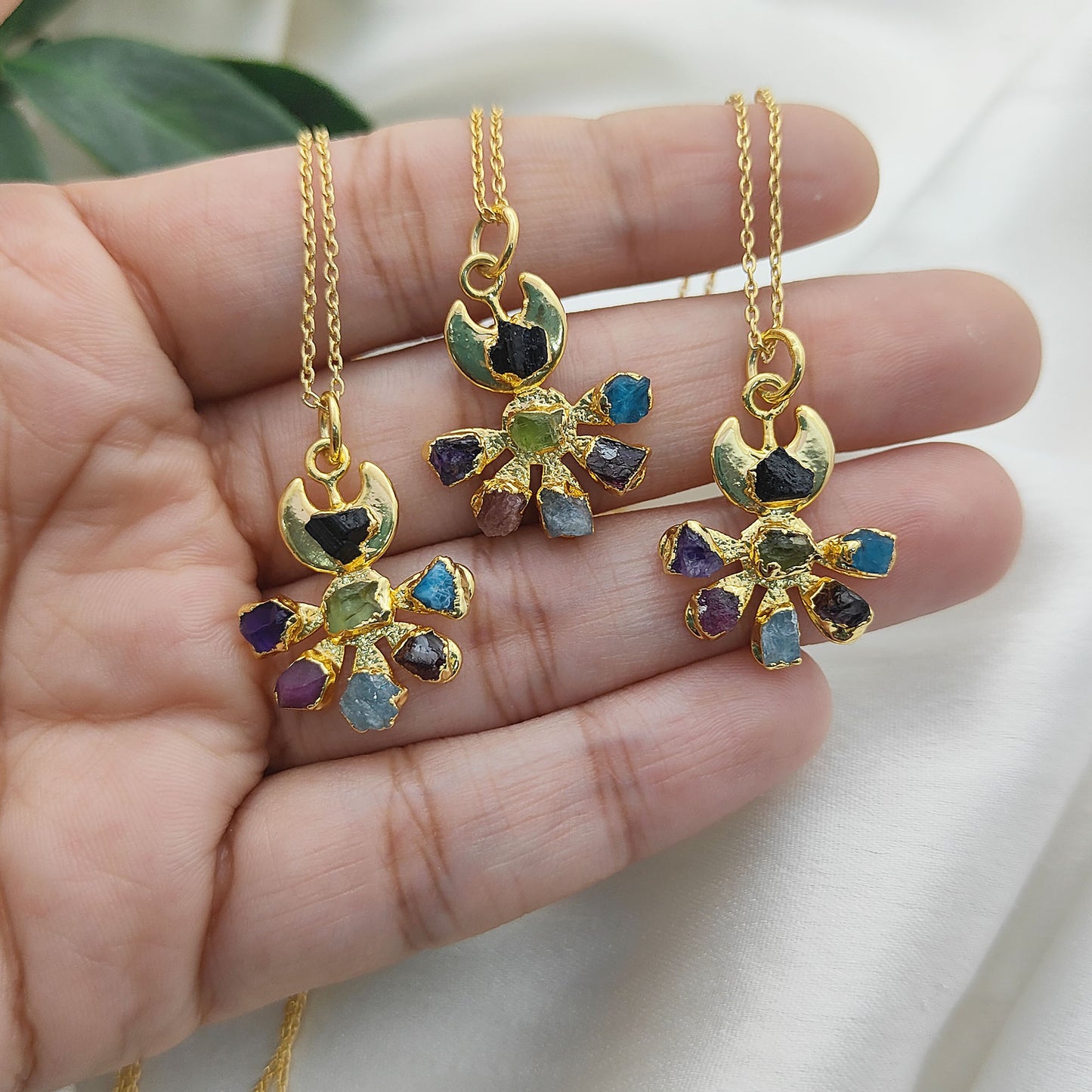 Floral Crescent Moon Necklace with Raw Multicolor Gemstones Handmade Birthstone Jewelry Gift for Her