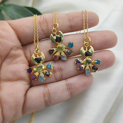 Floral Crescent Moon Necklace with Raw Multicolor Gemstones Handmade Birthstone Jewelry Gift for Her