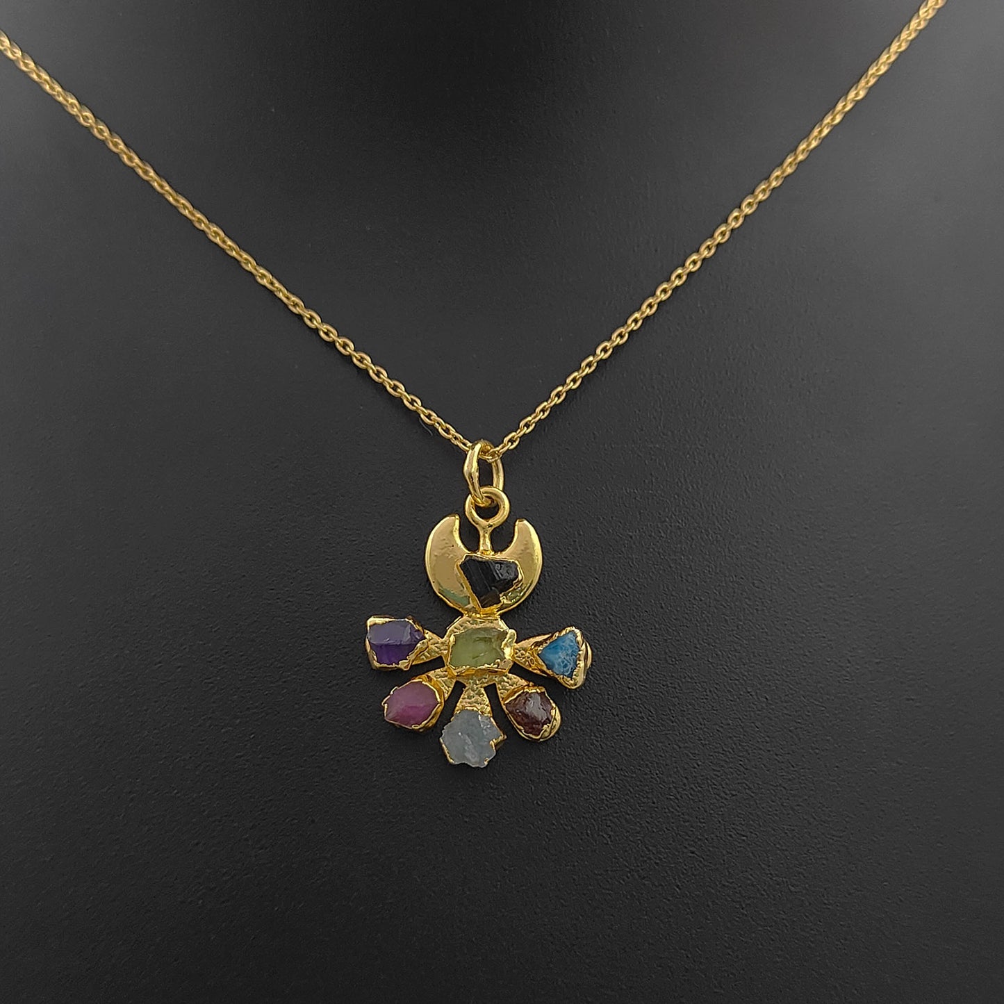 Floral Crescent Moon Necklace with Raw Multicolor Gemstones Handmade Birthstone Jewelry Gift for Her