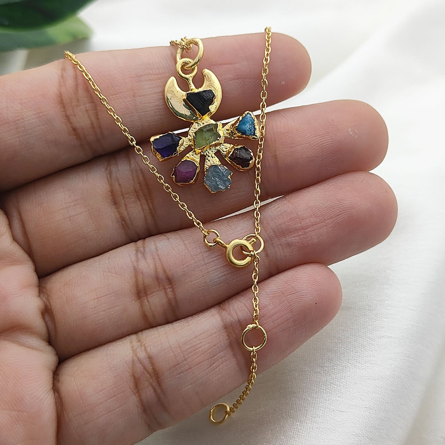 Floral Crescent Moon Necklace with Raw Multicolor Gemstones Handmade Birthstone Jewelry Gift for Her