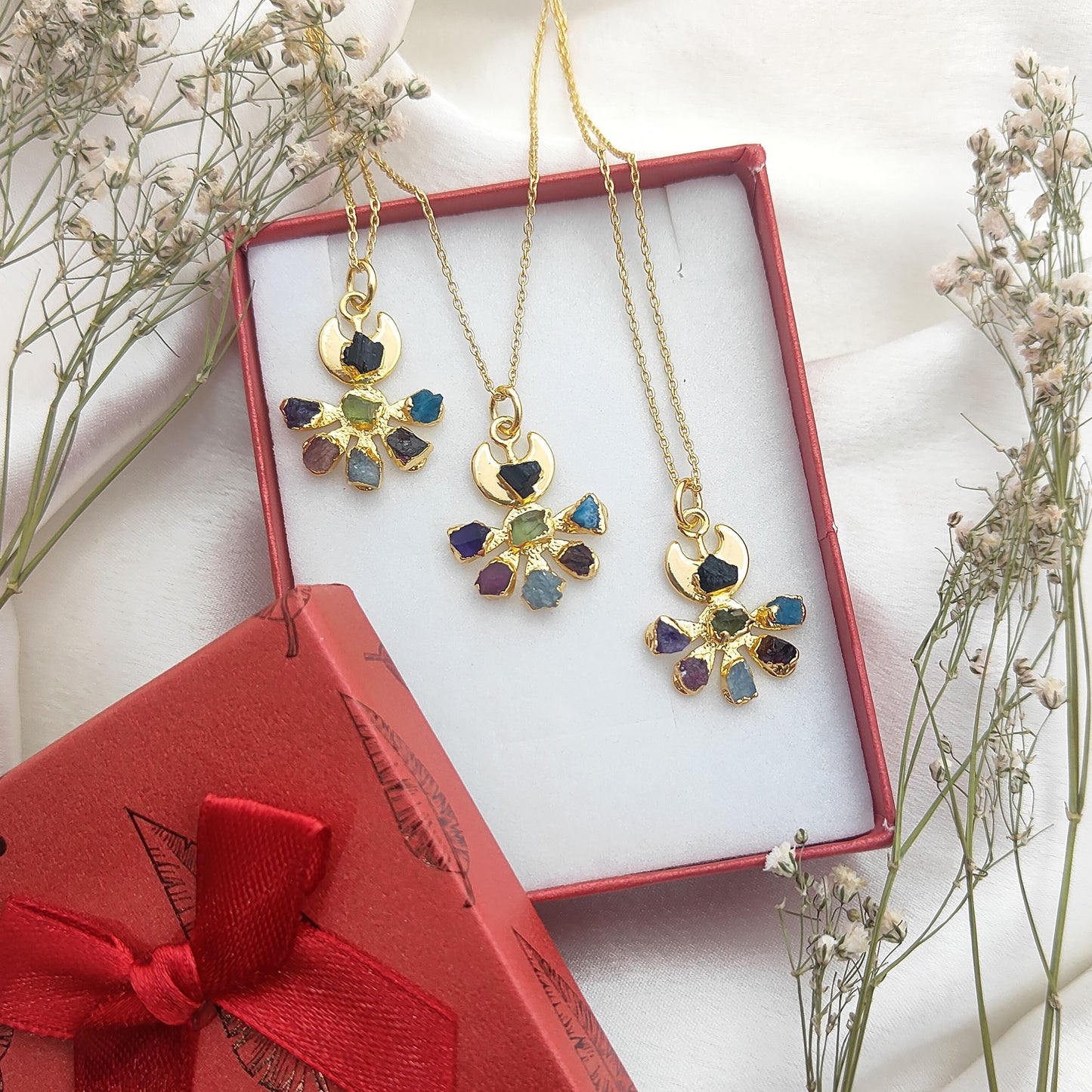 Floral Crescent Moon Necklace with Raw Multicolor Gemstones Handmade Birthstone Jewelry Gift for Her