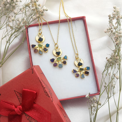 Floral Crescent Moon Necklace with Raw Multicolor Gemstones Handmade Birthstone Jewelry Gift for Her