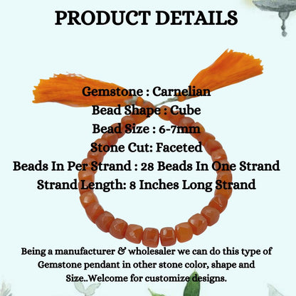 Natural Carnelian Faceted Cube Beads for Bracelet Making, Square Orange Red Gemstone Beads for DIY Jewelry- Selling Per Strand