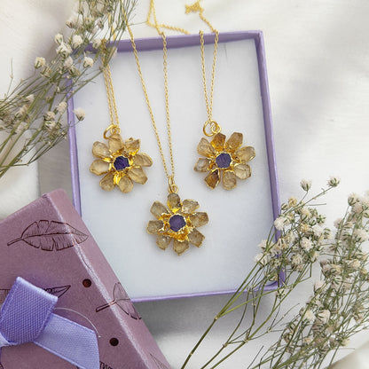 Raw Citrine & Amethyst Necklace Handmade November Birthstone Boho Jewelry for Women