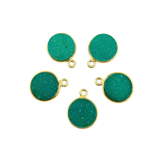 Natural Green Druzy Gemstone Pendant Gold Plated Round Charm for Custom Jewelry Creations- Selling Per Piece