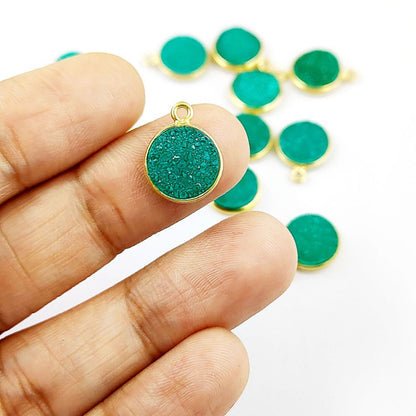 Natural Green Druzy Gemstone Pendant Gold Plated Round Charm for Custom Jewelry Creations- Selling Per Piece