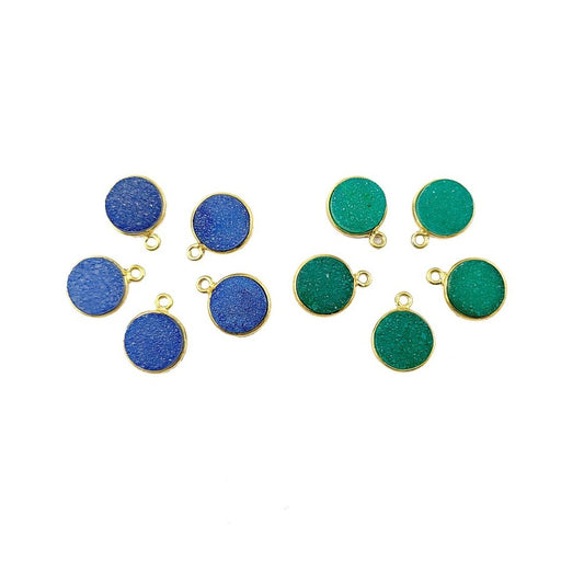 Green & Blue Druzy Round Gemstone Pendant Handcrafted Gold Plated Charm for DIY Jewelry- Selling Per Piece