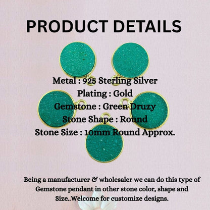 Natural Green Druzy Gemstone Pendant Gold Plated Round Charm for Custom Jewelry Creations- Selling Per Piece