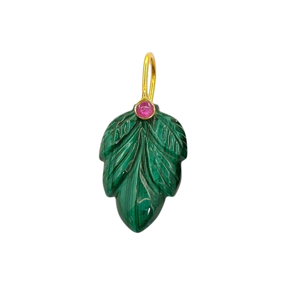 Natural Malachite Leaf Carving Pendant in Gold Plated 925 Sterling Silver Green Gemstone Charm for Necklace Making