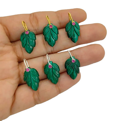 Natural Malachite Leaf Carving Pendant in Gold Plated 925 Sterling Silver Green Gemstone Charm for Necklace Making