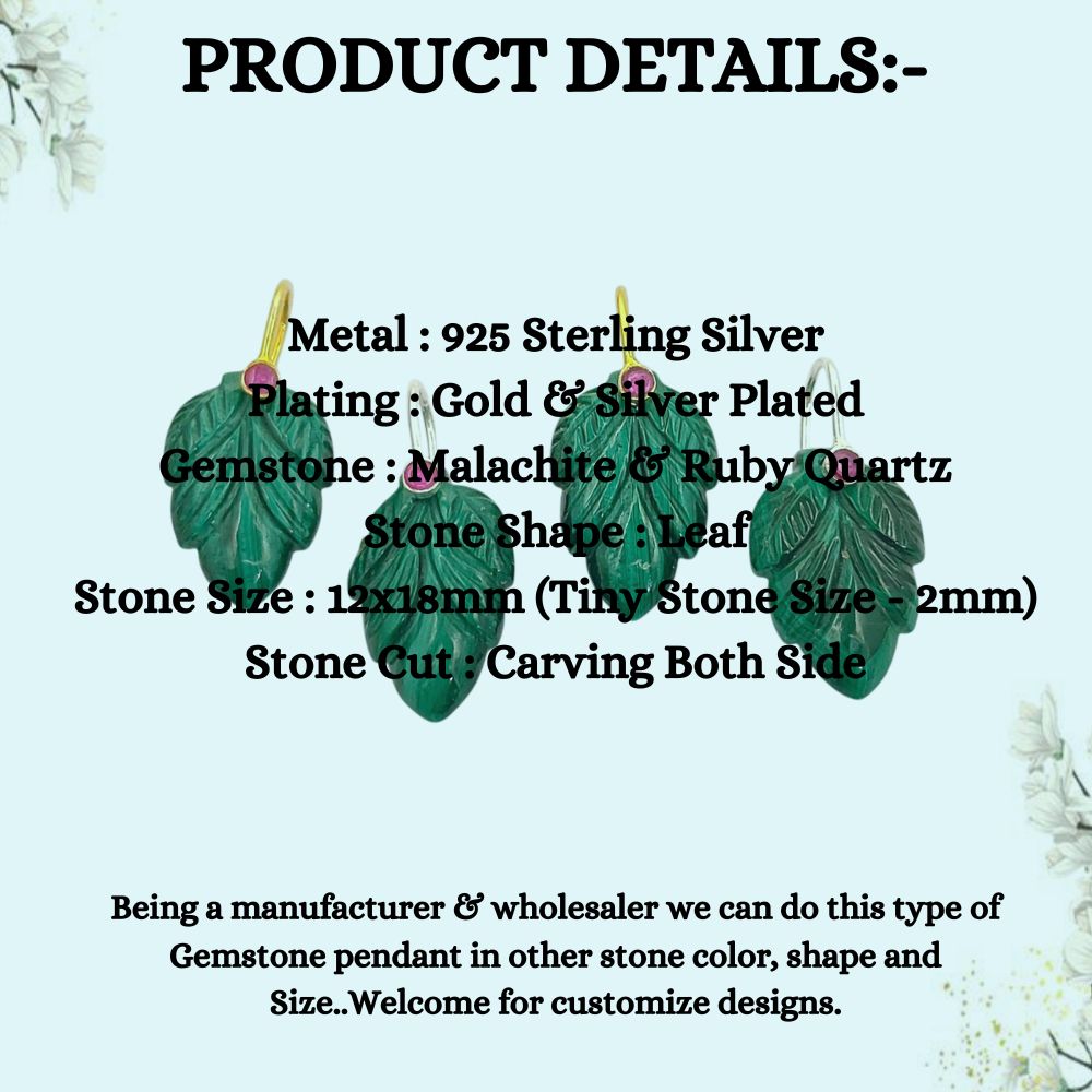 Natural Malachite Leaf Carving Pendant in Gold Plated 925 Sterling Silver Green Gemstone Charm for Necklace Making