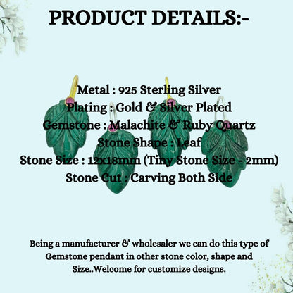 Natural Malachite Leaf Carving Pendant in Gold Plated 925 Sterling Silver Green Gemstone Charm for Necklace Making