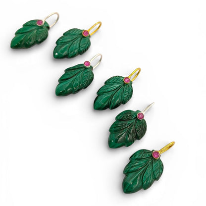 Natural Malachite Leaf Carving Pendant in Gold Plated 925 Sterling Silver Green Gemstone Charm for Necklace Making