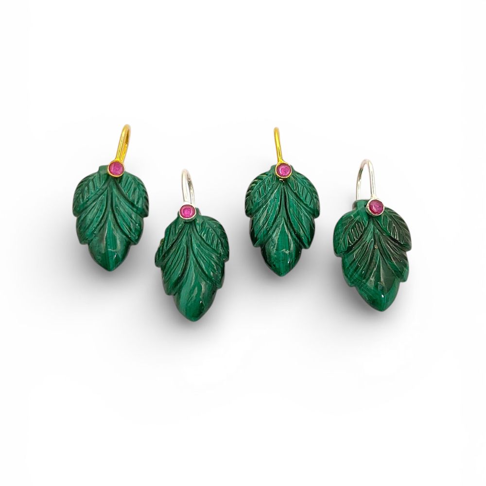 Natural Malachite Leaf Carving Pendant in Gold Plated 925 Sterling Silver Green Gemstone Charm for Necklace Making