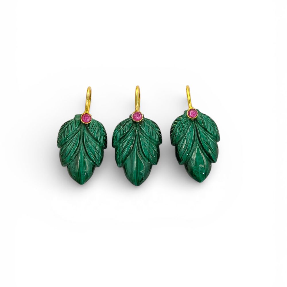 Natural Malachite Leaf Carving Pendant in Gold Plated 925 Sterling Silver Green Gemstone Charm for Necklace Making