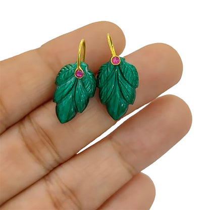 Natural Malachite Leaf Carving Pendant in Gold Plated 925 Sterling Silver Green Gemstone Charm for Necklace Making