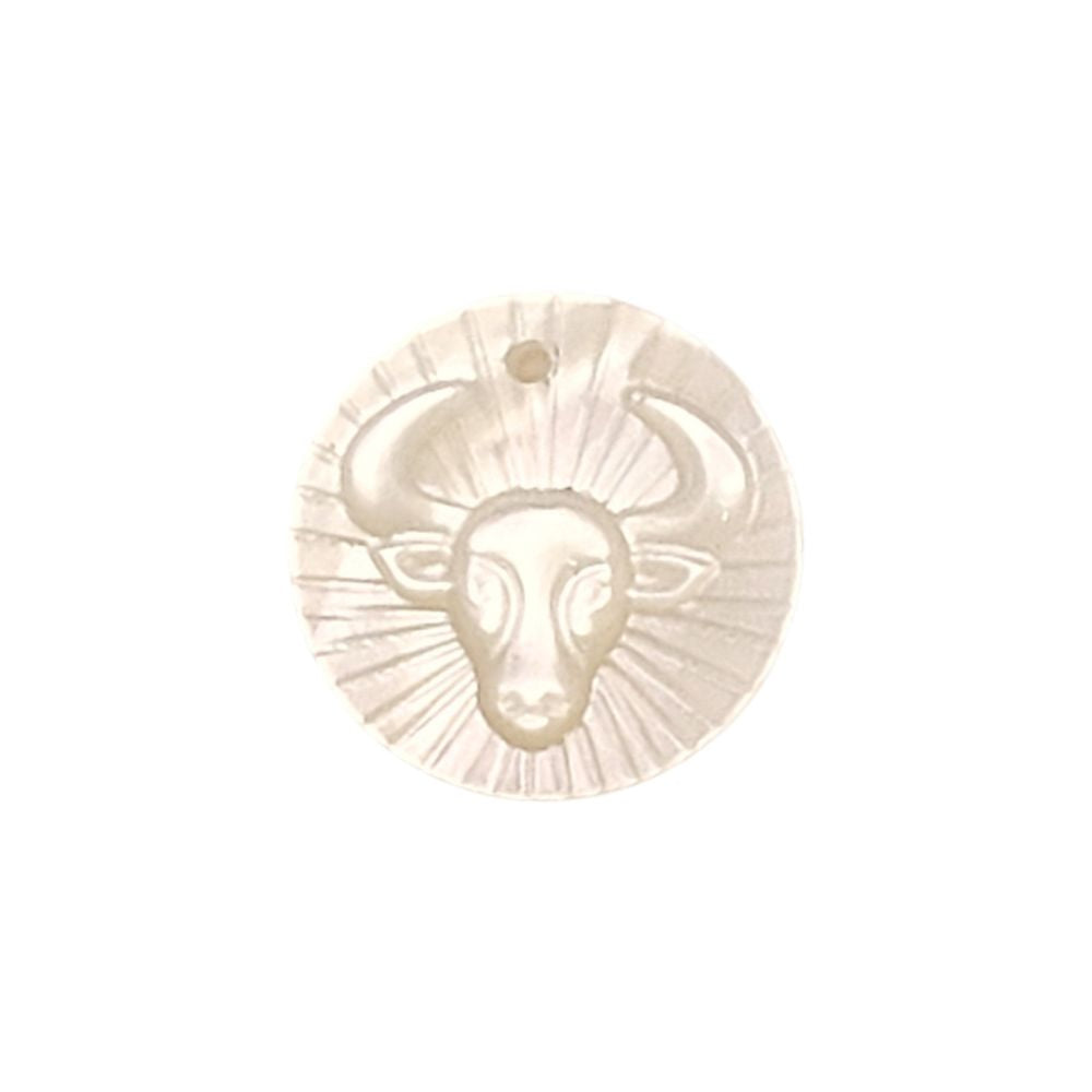 Natural Mother of Pearl Taurus Zodiac Charm Engraved Horoscope Coin Shell Disc for Handmade Jewelry- Selling Per Piece