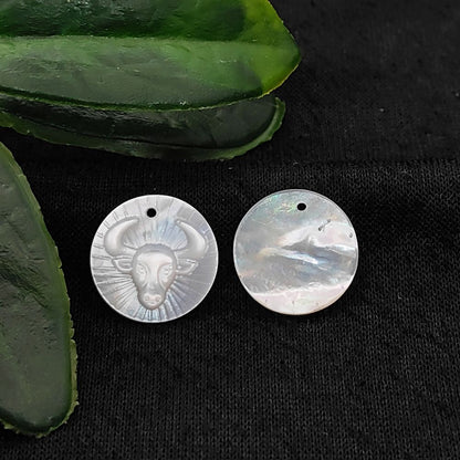 Natural Mother of Pearl Taurus Zodiac Charm Engraved Horoscope Coin Shell Disc for Handmade Jewelry- Selling Per Piece