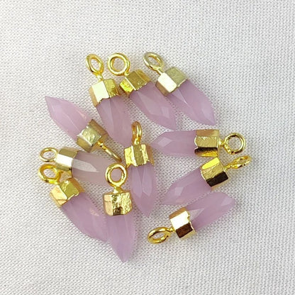 Natural Pink Chalcedony Spike Pendant Boho Crystal Point Charm with Gold or Silver Cap for Necklace Making
