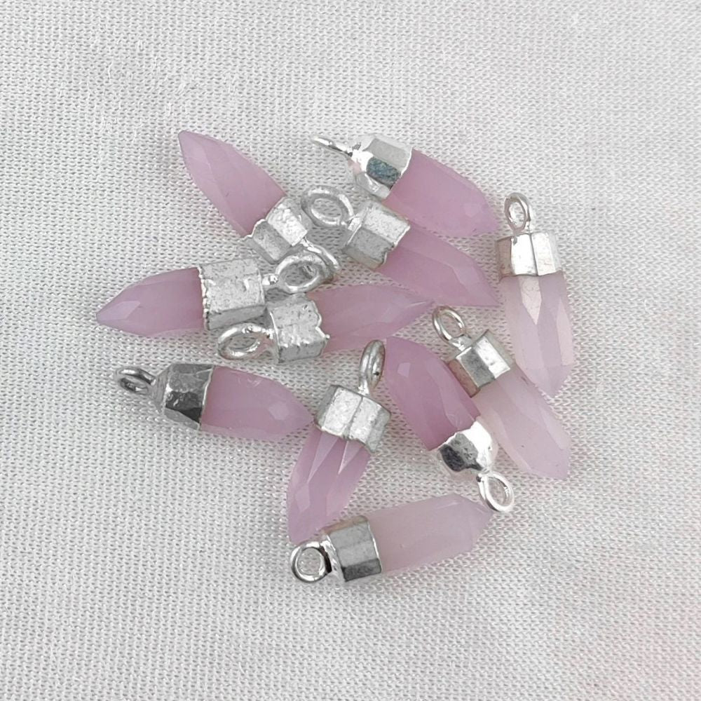 Natural Pink Chalcedony Spike Pendant Boho Crystal Point Charm with Gold or Silver Cap for Necklace Making