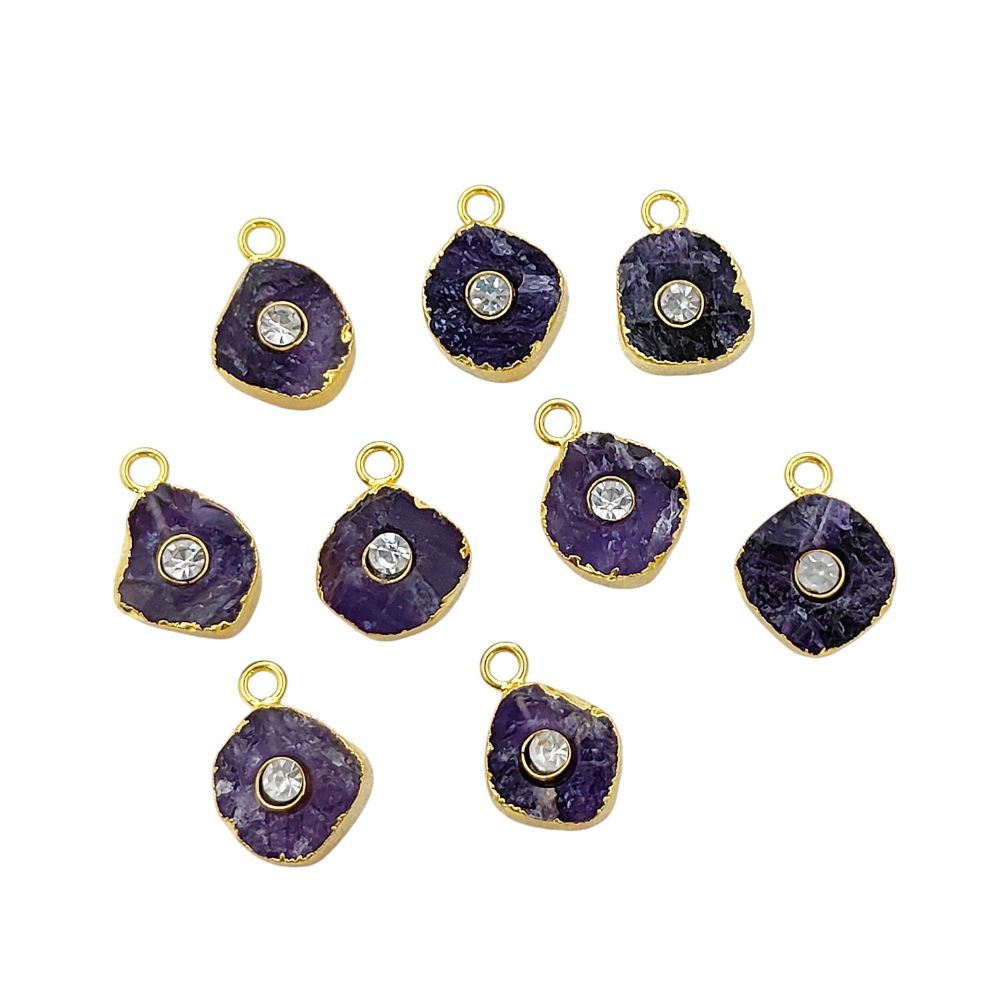 Natural Raw Amethyst Birthstone Jewelry | 18k Gold Electroplated Handmade Pendant with Sparkling CZ Stone- Selling Per Piece