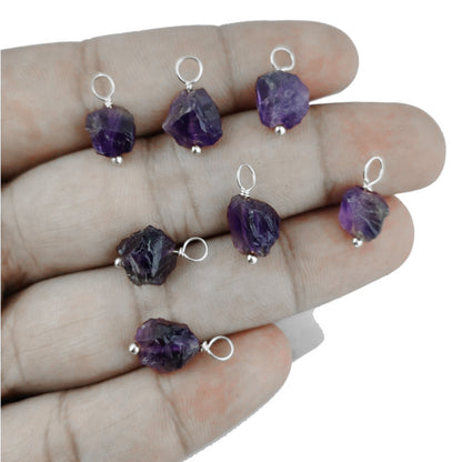 Natural Raw Amethyst Pendant 7–10mm February Birthstone Gemstone Charm 925 Sterling Silver Wire Wrapped DIY Necklace Jewelry