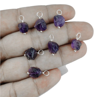 Natural Raw Amethyst Pendant 7–10mm February Birthstone Gemstone Charm 925 Sterling Silver Wire Wrapped DIY Necklace Jewelry