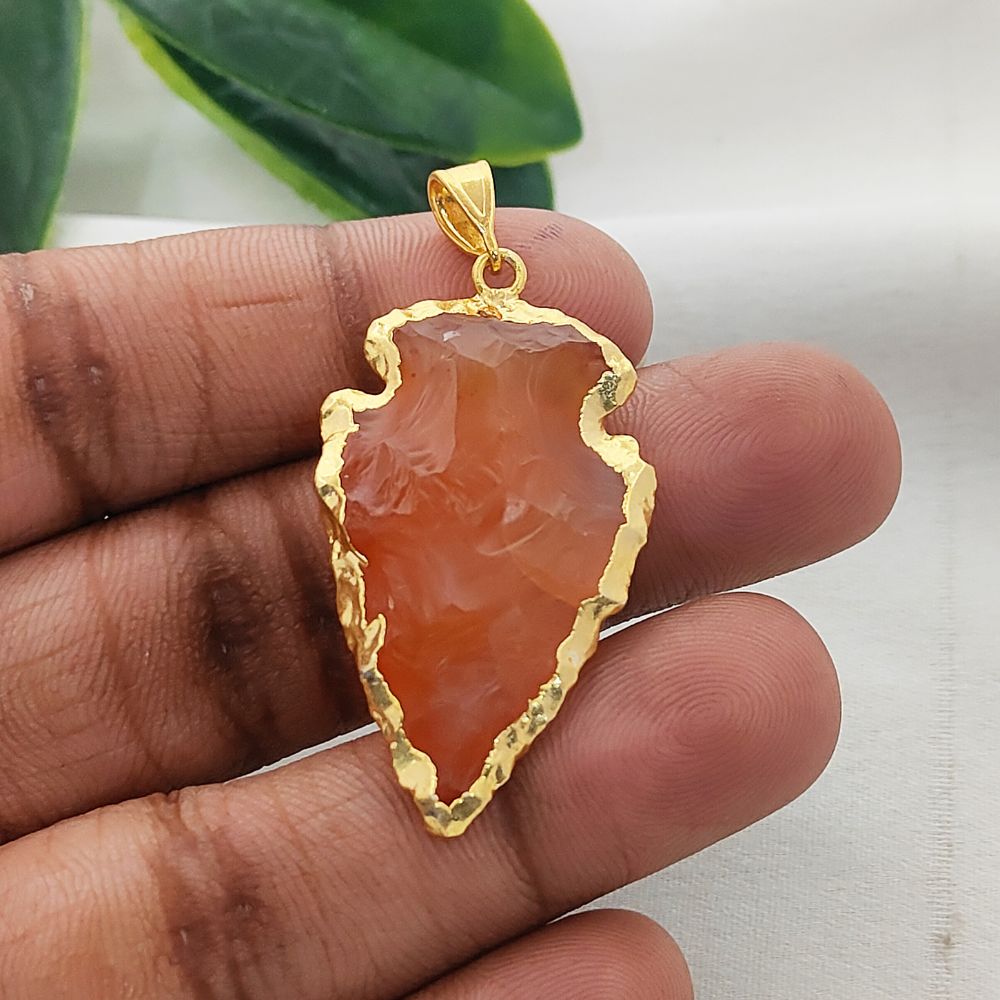 Carnelian Arrowhead Pendant Charm, Raw Gemstone Point with Gold Plated Brass Edge, Tribal Boho Jewelry Making Supply