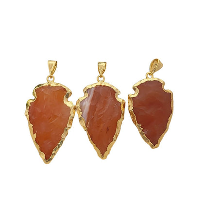 Carnelian Arrowhead Pendant Charm, Raw Gemstone Point with Gold Plated Brass Edge, Tribal Boho Jewelry Making Supply