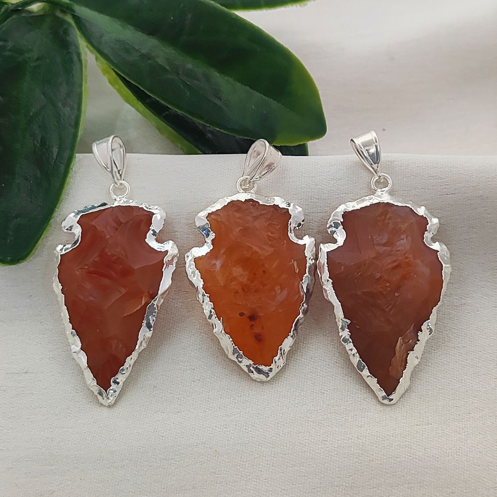 Carnelian Arrowhead Point Pendant, Natural Raw Gemstone with Silver Plated Brass Edge, Bohemian Jewelry Supply