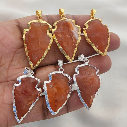 Carnelian Arrowhead Point Pendant, Natural Raw Gemstone with Silver Plated Brass Edge, Bohemian Jewelry Supply