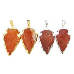 Natural Raw Carnelian Arrowhead Pendant, Tribal Stone Point Charm with Brass Electroplated Edge, DIY Jewelry Making