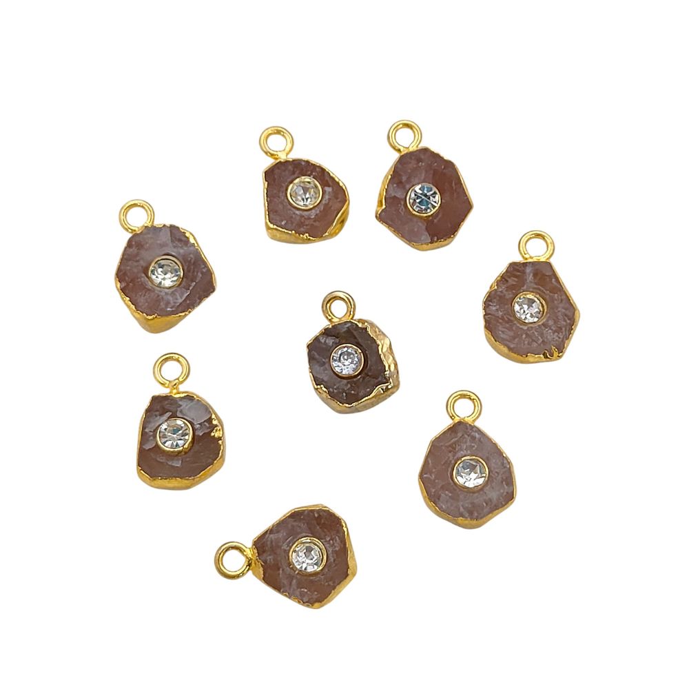 Natural Raw Rose Quartz Pendant with CZ 18k Gold Electroplated Handmade Crystal Charm For DIY