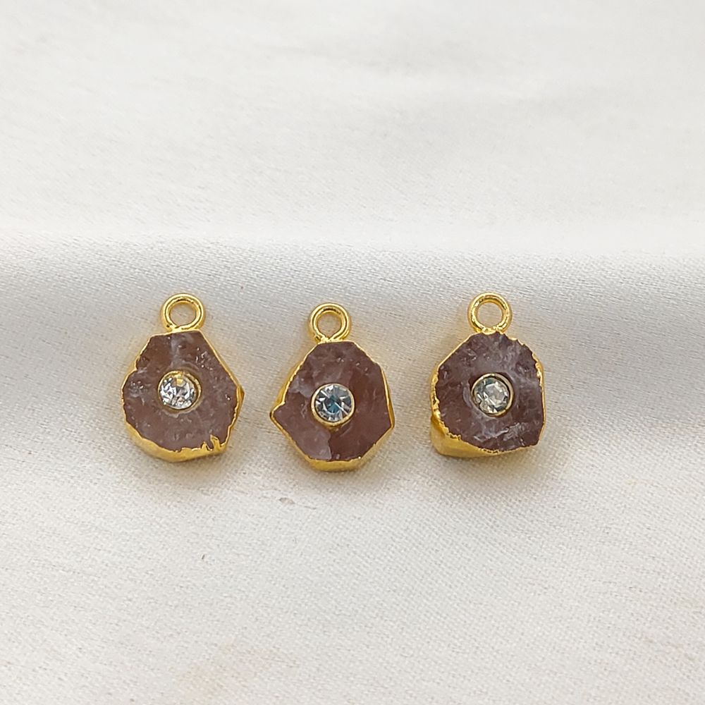 Natural Raw Rose Quartz Pendant with CZ 18k Gold Electroplated Handmade Crystal Charm For DIY