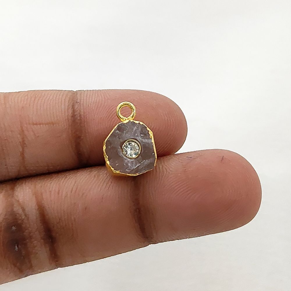 Natural Raw Rose Quartz Pendant with CZ 18k Gold Electroplated Handmade Crystal Charm For DIY